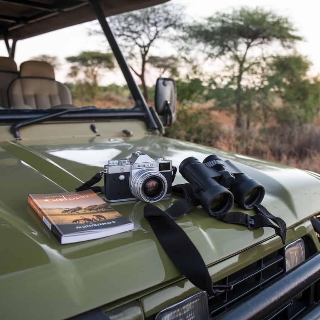 Photo of binoculars and a camera and safari guide book on the hood of a safari vehicle in the bush