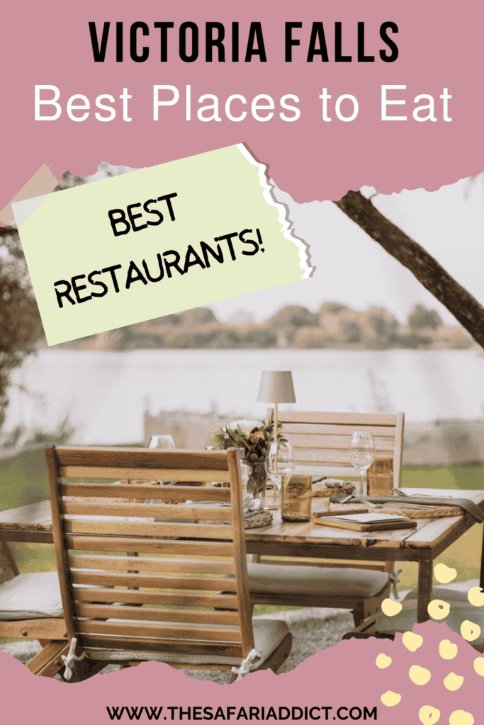 A lunch table at a restaurant in Victoria Falls, set out for guests with the Zambezi River in the background.