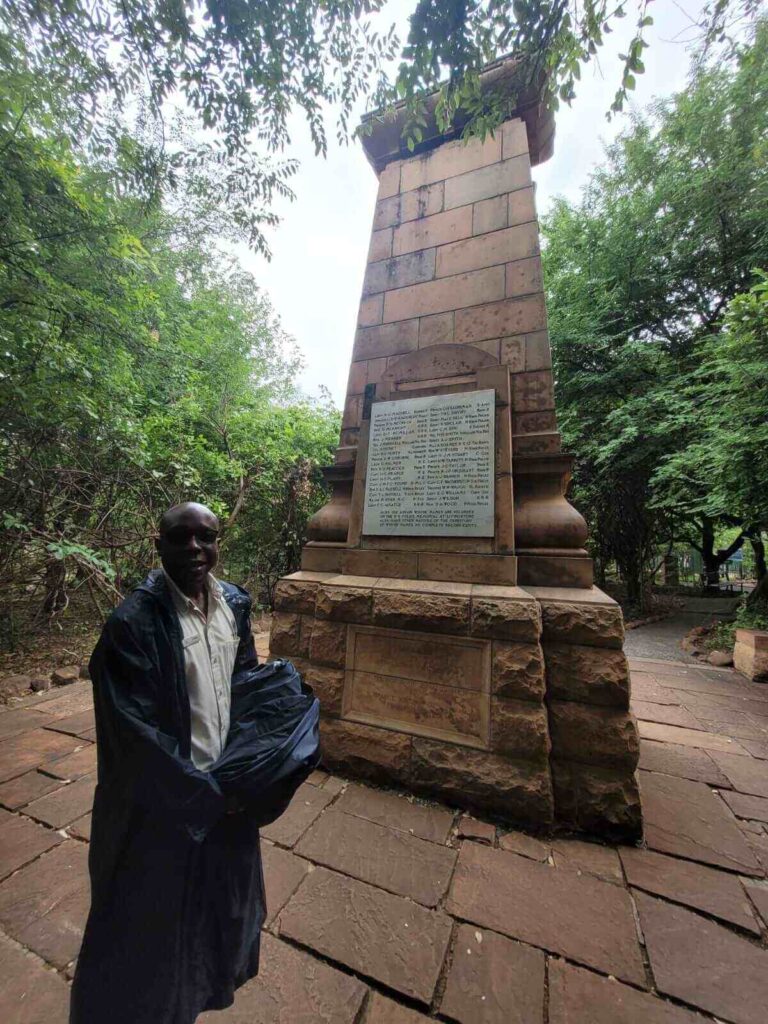 Our guide, James, standing in front of a war memorial statue in the Victoria Falls National Park