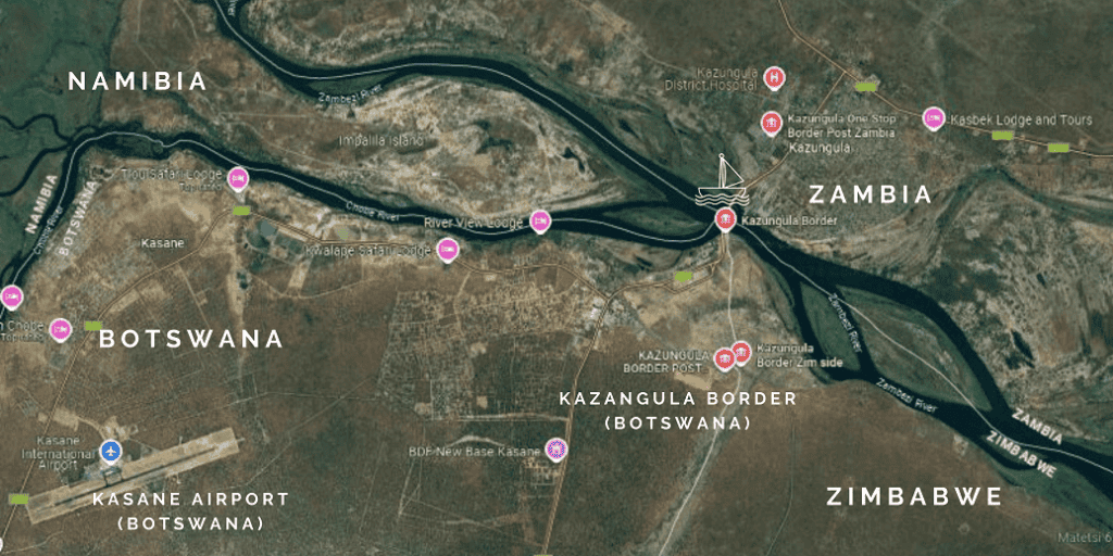 Map showing the Kazangula border between Botswana, Zimbabwe and Zambia