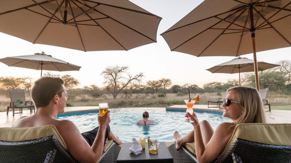 Safari camp pool area there are two people sipping cocktails and one lady swimming, and the backdrop if the safari bush