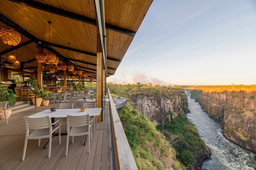 The Lookout Cafe overlooking the Batoka Gorge with water flowing in the Zambezi River