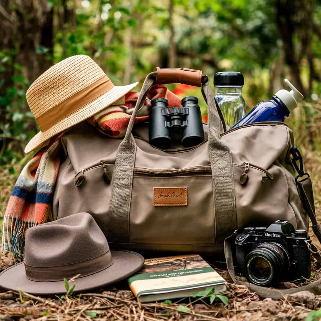 A brown duffel bag packed for a safari with a hat, book, binoculars, camera and clothing