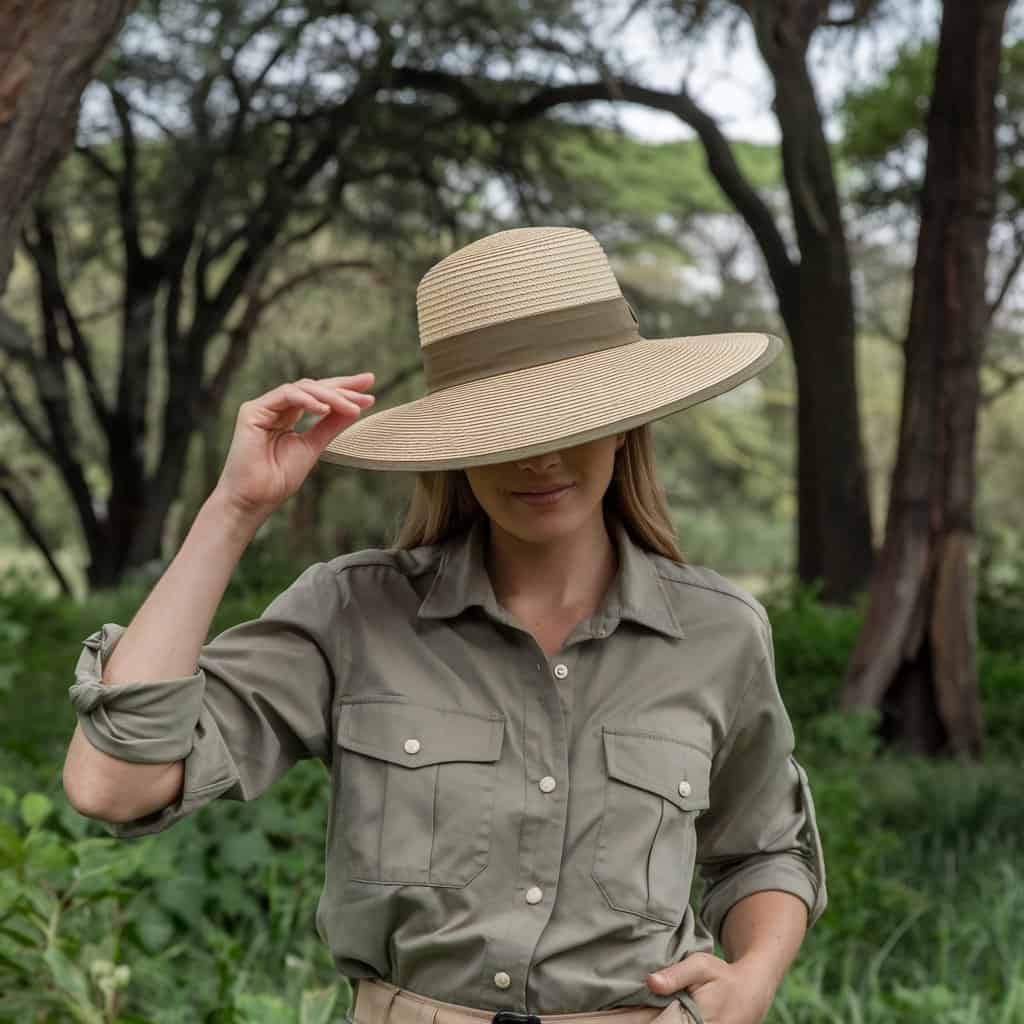 A woman dressed in safari gear in neutral colours