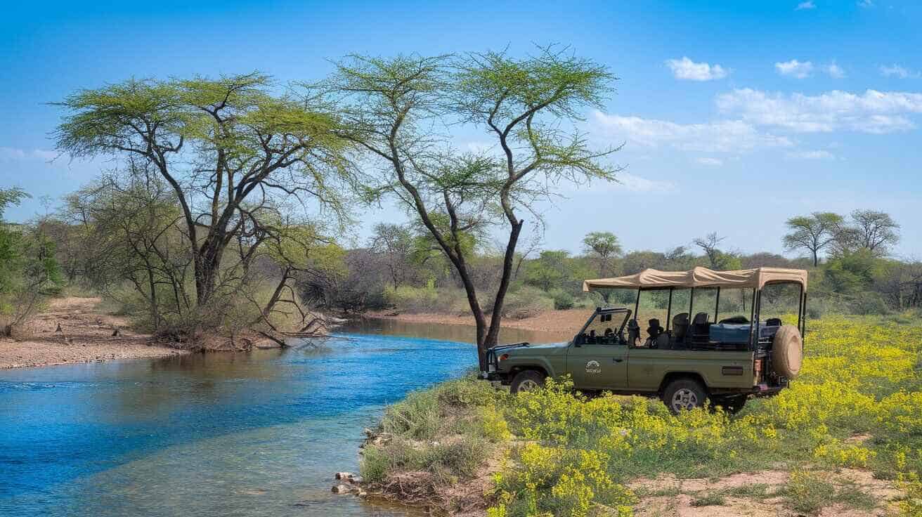 A game vehicle on safari at a river crossing