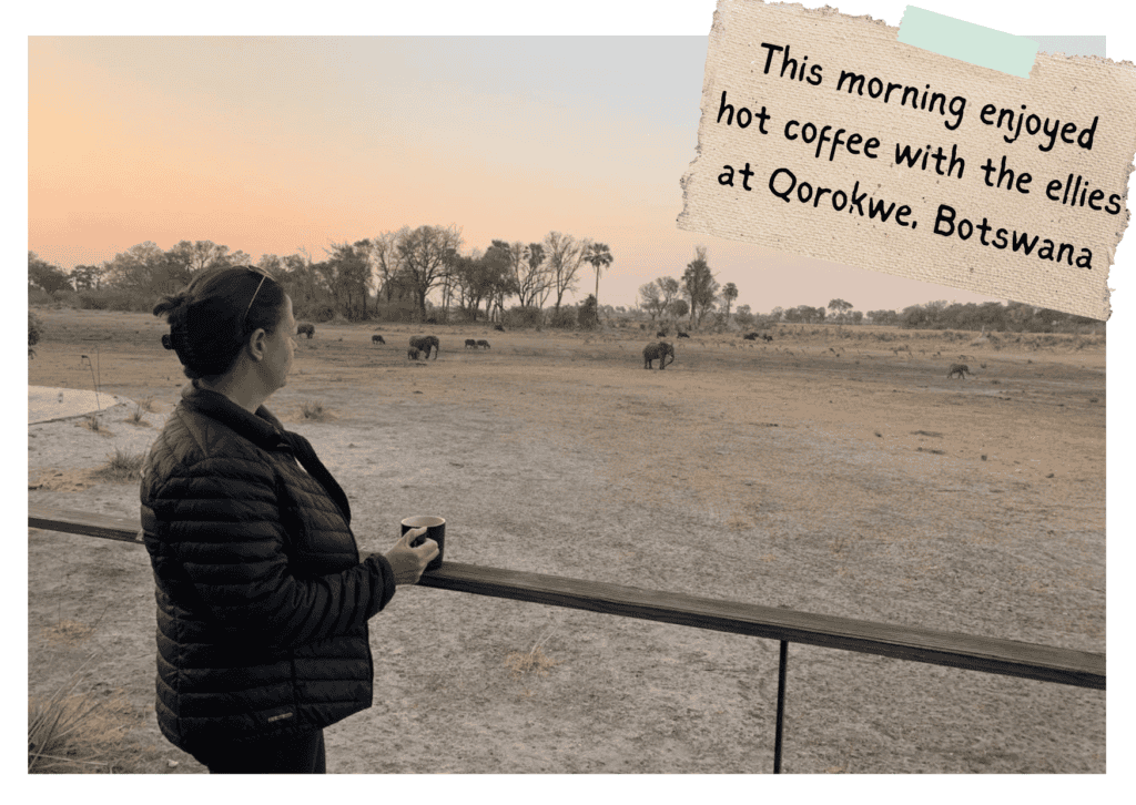 Hot coffee in the morning in Botswana overlooking elephants