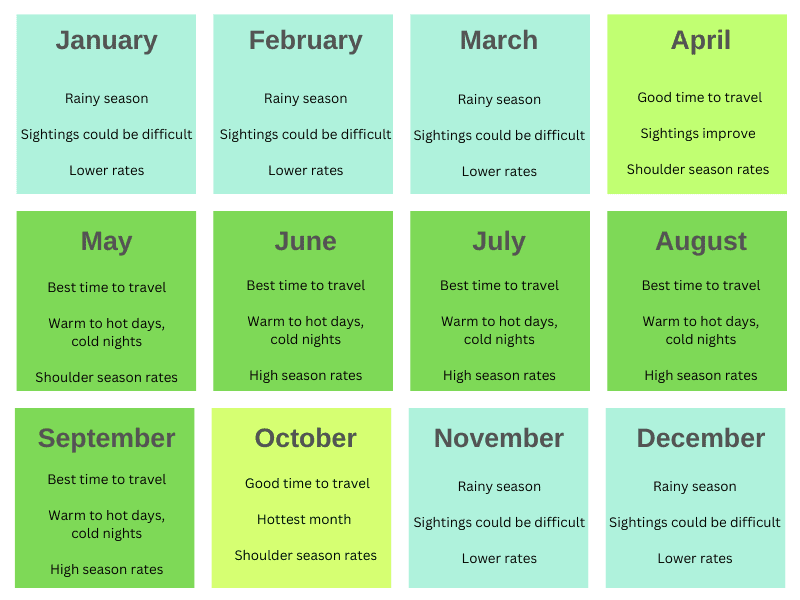 Image of the months of the weather showing the best times to travel in terms of wildlife sightings and weather.