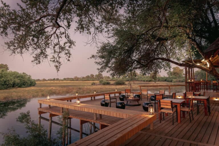 Wilderness Savuti Camp from the pool area and fire pit overlooking the Savuti Channel