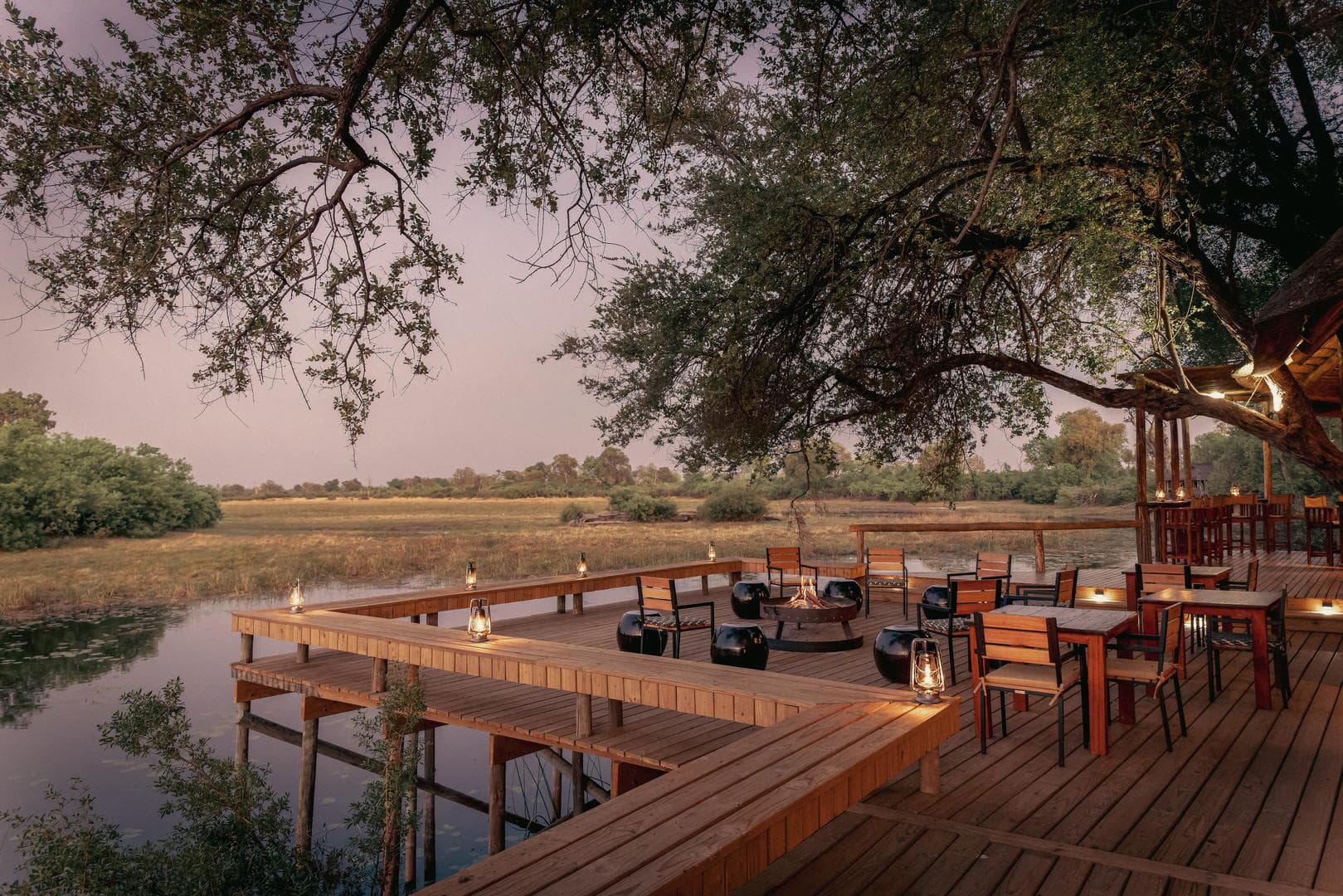 Wilderness Savuti Camp from the pool area and fire pit overlooking the Savuti Channel