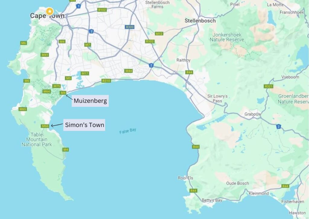 Map of Cape Peninsula showing Muizenberg Beach and Simon's Town