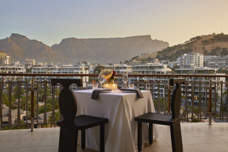 View of Table Mountain from a private dining set up at the One & Only Hotel Cape Town.