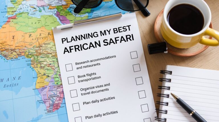 Checklist called Planning my best african safari on top of a map of Africa, on a desk with a cup of coffee to one side