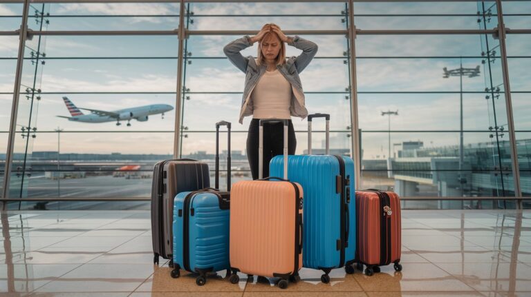A woman standing at the airport with Samsonite luggage around her.