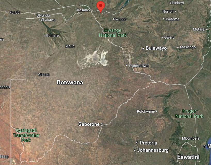 This is a map showing the Okavango Delta in Botswana lies to the north and the red point shows where Victoria Falls is located