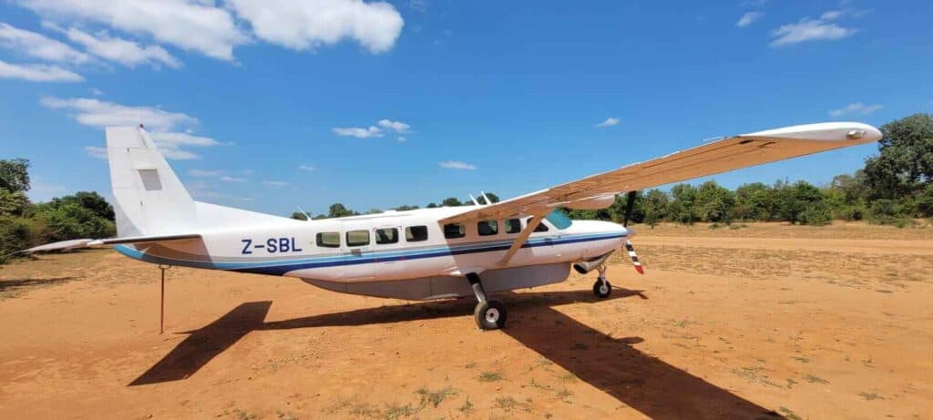 Small bush plane at an airstrip in Botswana