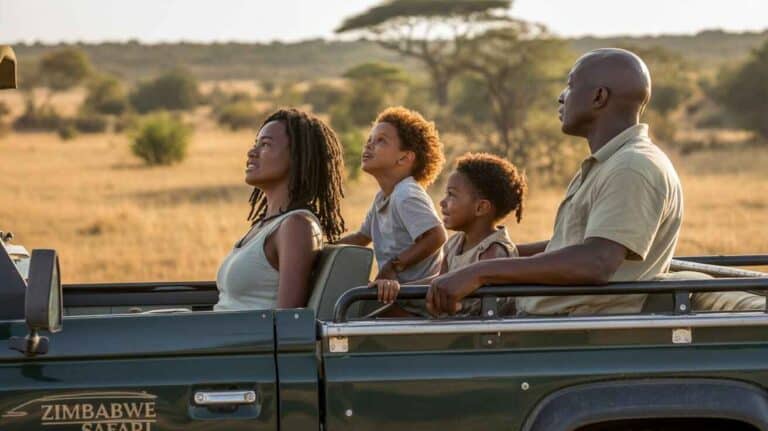 Family in a game drive vehicle on safari in Africa looking at something in the air.