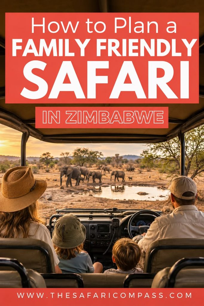 A family sitting in a game vehicle looking out at elephants drinking from the waterhole and the text overlay says, "How to Plan a Family Friendly Safari."