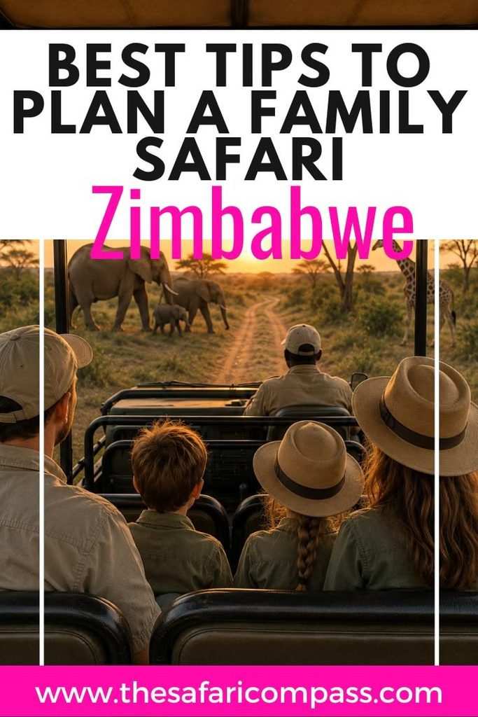 A family on a game vehicle looking at elephants crossing the road in the savanna, with text overlay saying, 'Best trips to plan a family safari."