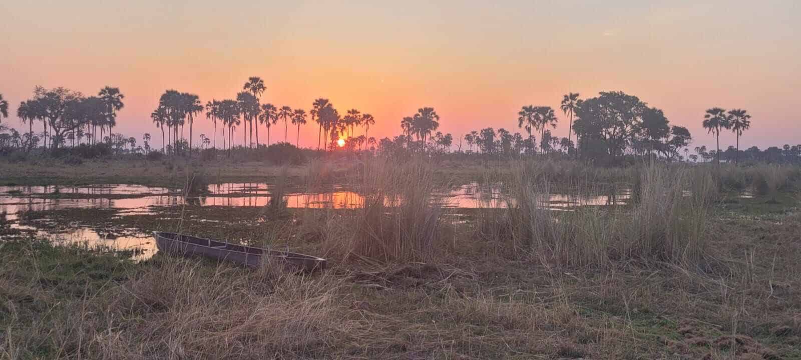 Beautiful sunset over the Okavango Delta in Botswana with a mokoro in the foreground.