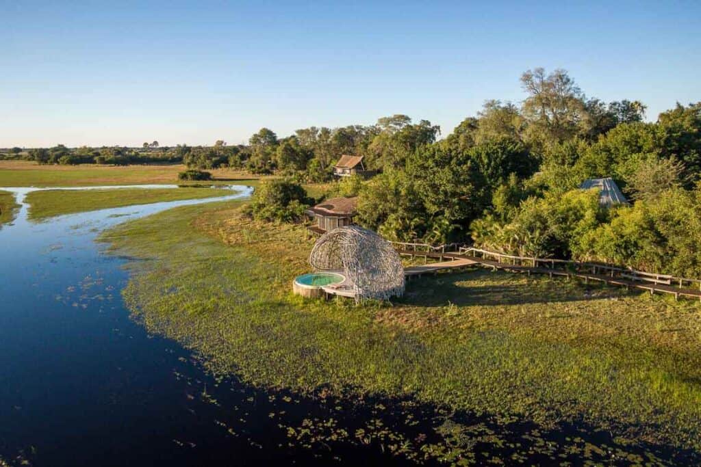 Aerial view of Wilderness Jao Camp with the Bird's Nest next tot he pool (image: Wilderness).