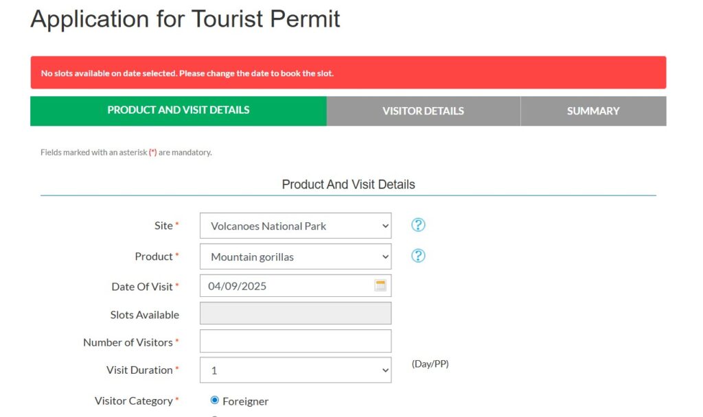 Template showing when there aren't any gorilla trekking permits available on a specific date.