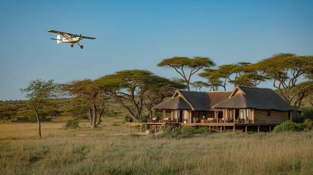A bush plane flying to a safari lodge  is one way how to get around in Africa.
