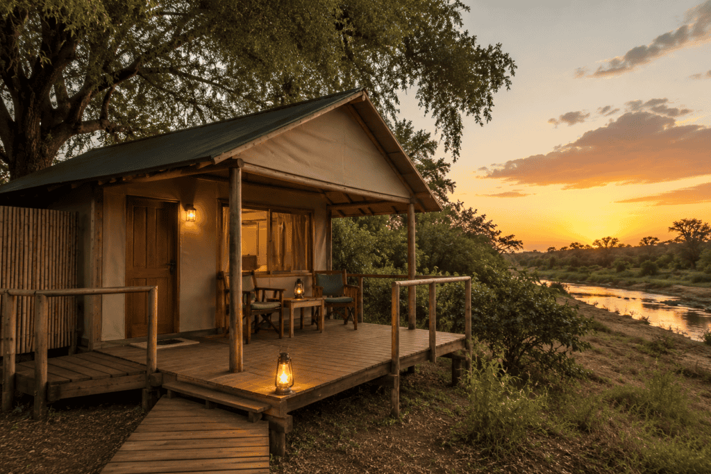 Simple safari tented cabin on a wooden deck overlooking a river at sunset, with glowing lanterns and trees surrounding the lodge in the African bush.
