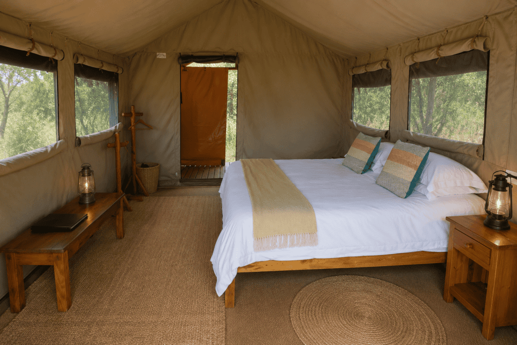 Simple budget safari tent accommodation with wooden furniture, double bed, canvas walls, and natural light overlooking the African bush.
