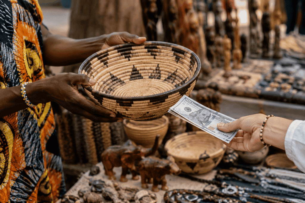 Image of hands handing a shopper a traditional handmade basket while she is handing him US dollars cash as payment.