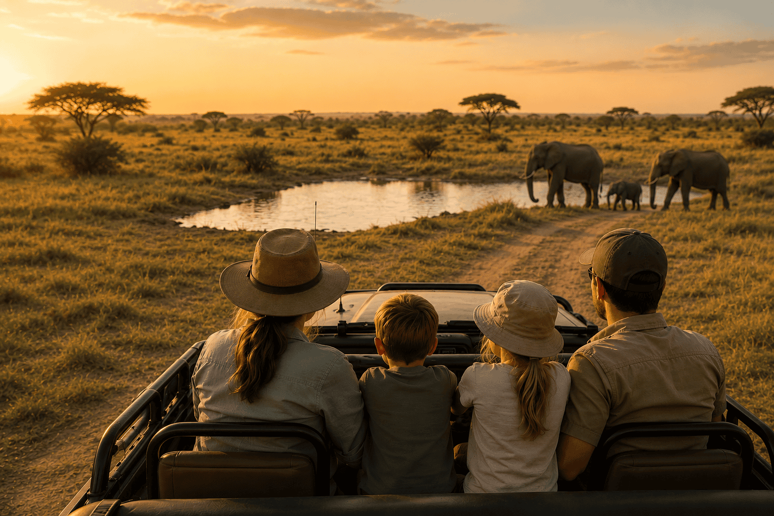 Family on an open safari vehicle watching elephants at a waterhole during sunset on an African safari with kids.