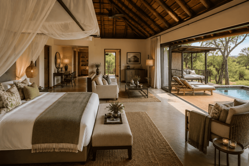 Luxury safari lodge suite with spacious bedroom, lounge area, private plunge pool, outdoor deck, and shaded sala overlooking the African bush.
