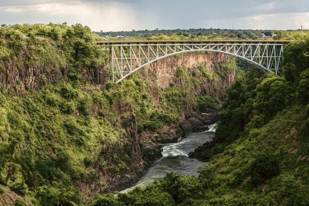 Victoria Falls bridge over the Batoka Gorge joining Zimbabwe with Zambia