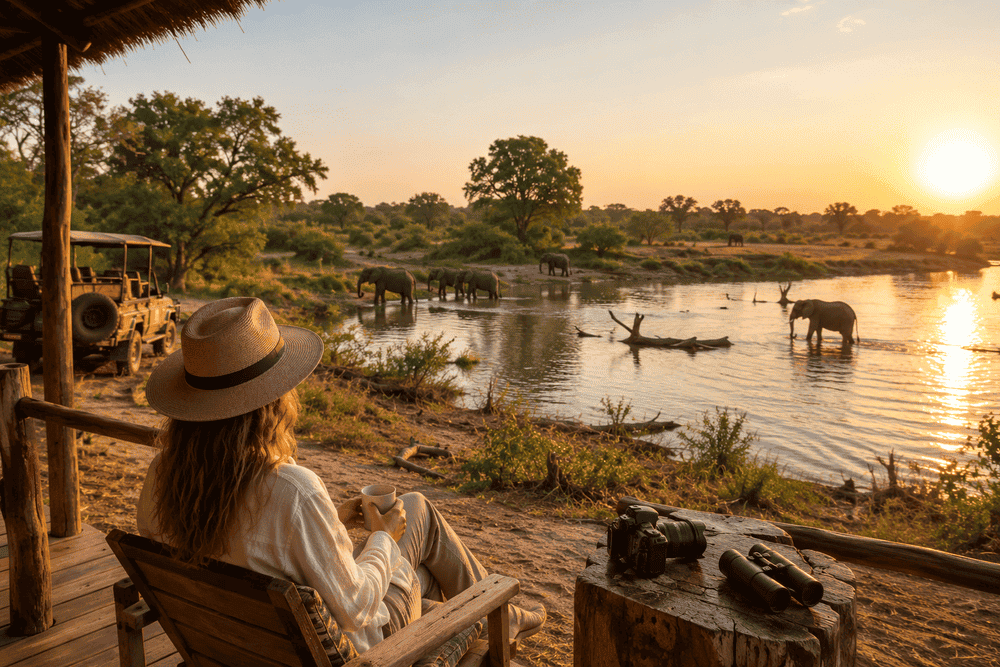 Women sitting on the deck of your tented room overlooking elephants in the water