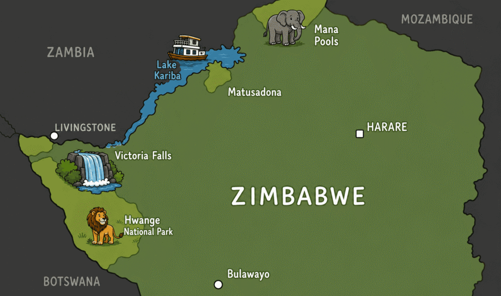Map of Zimbabwe showing Victoria Falls and Harare - cartoon images are on the image to highlight certain areas.