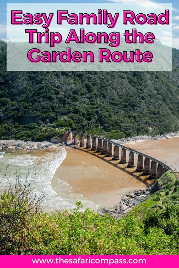 Pinterest pin - aerial view of a bridge in Knysna where the train crosses, showing the and beneath it and the tide coming in. Text overlay says, "Easy Family Road Trip Along the Garden Route."