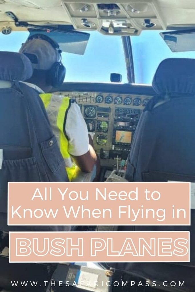 The back of a pilot flying a small bush plane and you can see the controls. The text overlay says, "All you need to know when flying in bush planes."