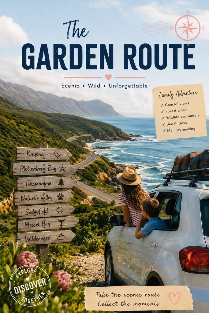 Image of a white car with two children looking out the window at the view ahead which is of the ocean along the Garden Route> there is a signboard in front of them with distances to different locations and the text overlay says, "The Garden Route."