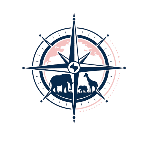 Logo of a compass with the silhouette of a giraffe, elephant and baby elephant