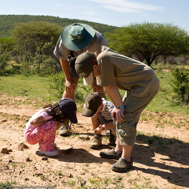 Children with a game ranger guide looking at animals tracks in the sand