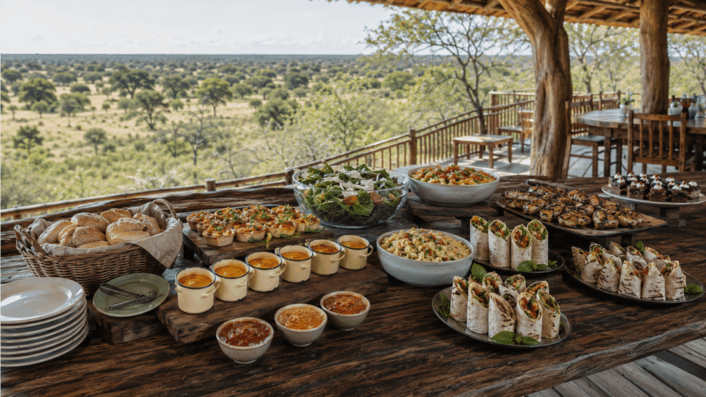 Buffet lunch spread at a safari lodge including finger food, large bowls of food and fresh rolls set out at a safari lodge and a beautiful view of the savanna in the background.