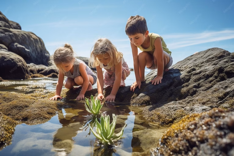Three children looking into a rock pool at the beach