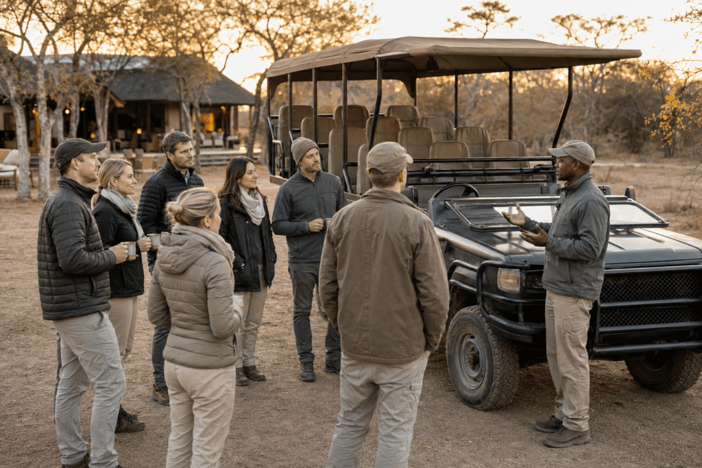 Group of people standing around a safari game drive vehicle and listening to the guide give his briefing before they head out on their scheduled morning game drive.