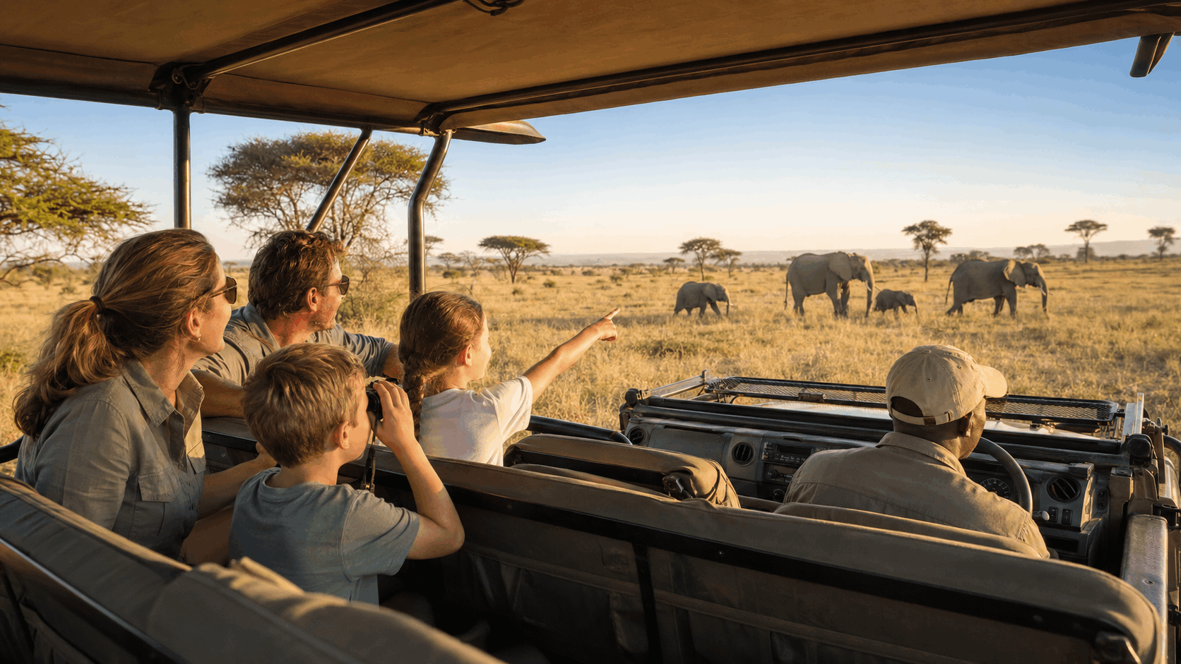 Family on a game drive in a game vehicle with a guide looking at a herd of elephants