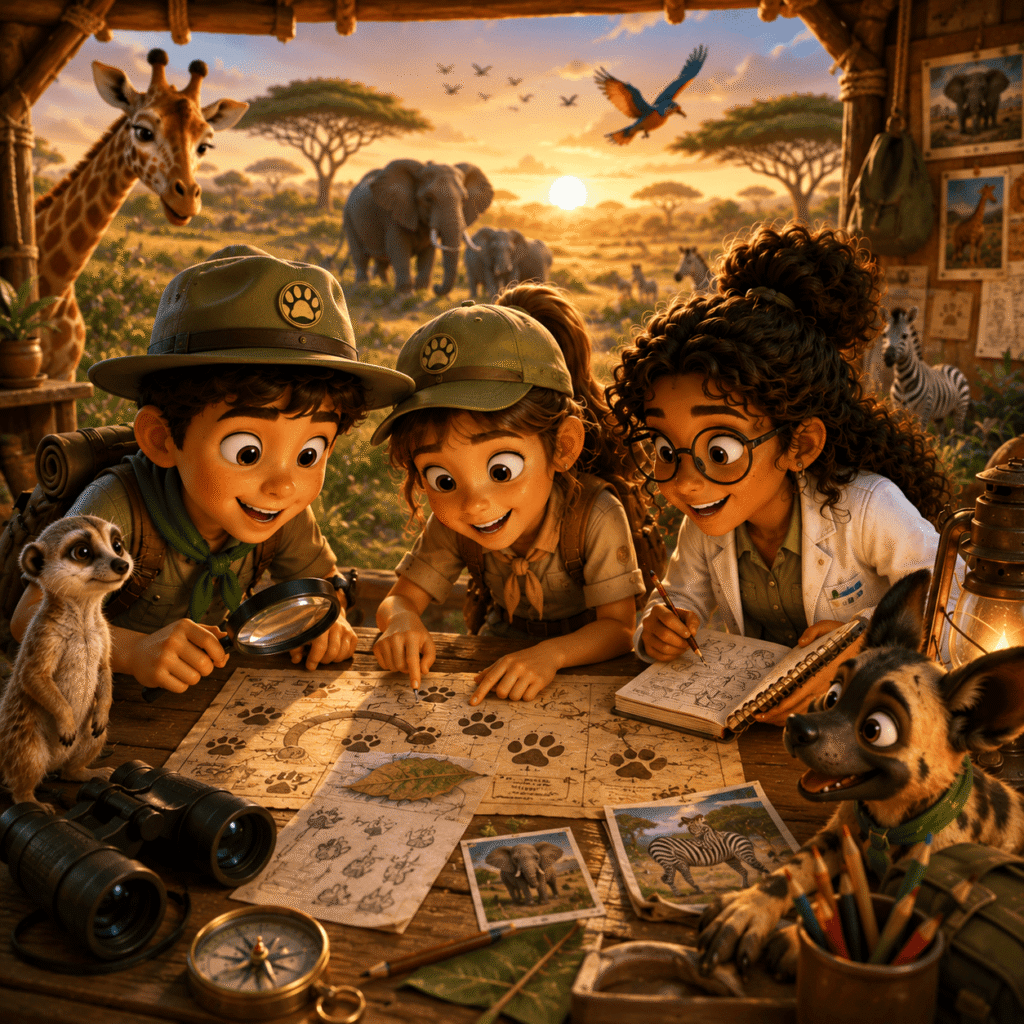 Ranger Nate, Tracker Kita & Dr Lilly using clues to figure out the wildlife mysteries.