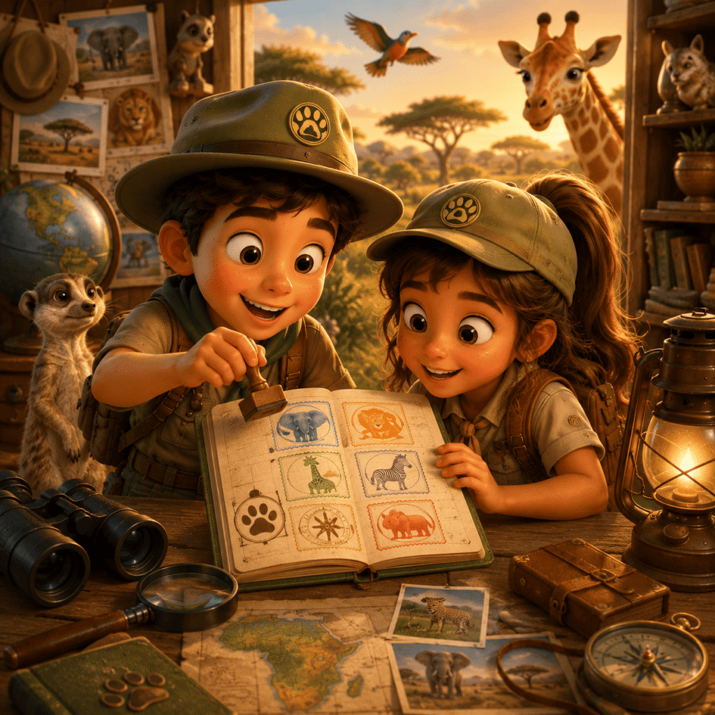 Ranger Nate & Tracker Kita earning stickers for their Kids Safari Club passport after solving a mystery