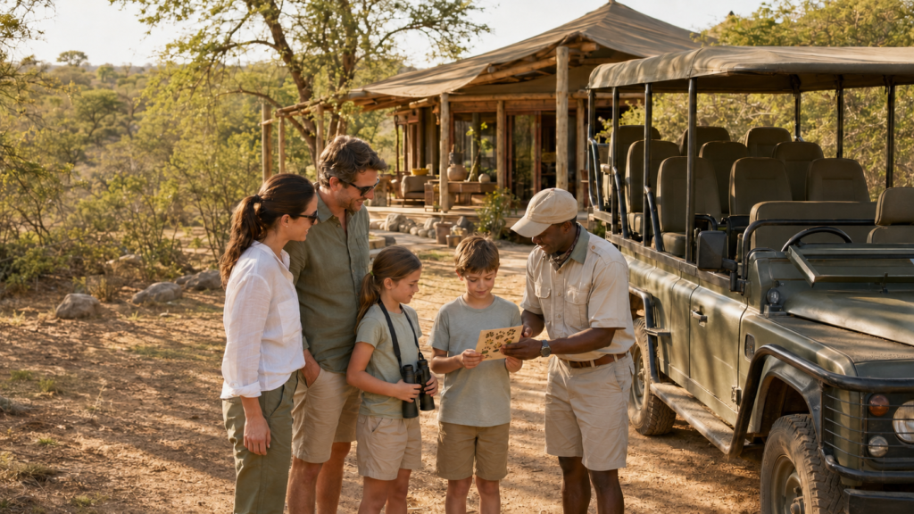 A family with two parents and two children at a safari game lodge in Africa, standing next to the game vehicles and talking with their safari guide.