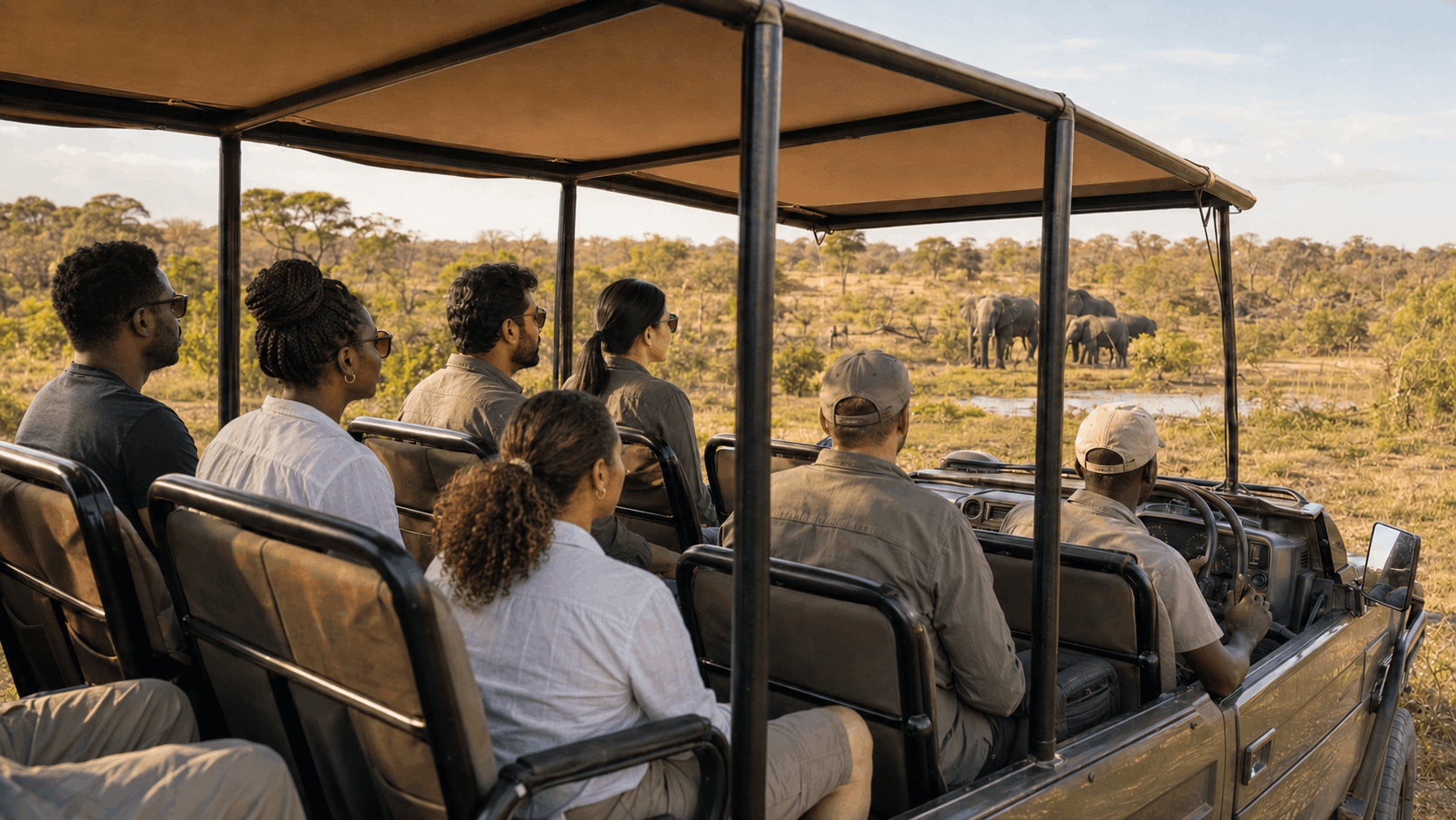 Various people on a safari game drive with a professional safari guide